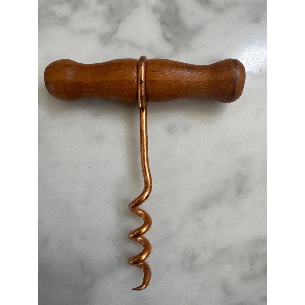 Vintage T-Handle Corkscrew Wood Handle Copper Tone Metal Wine Bottle Opener